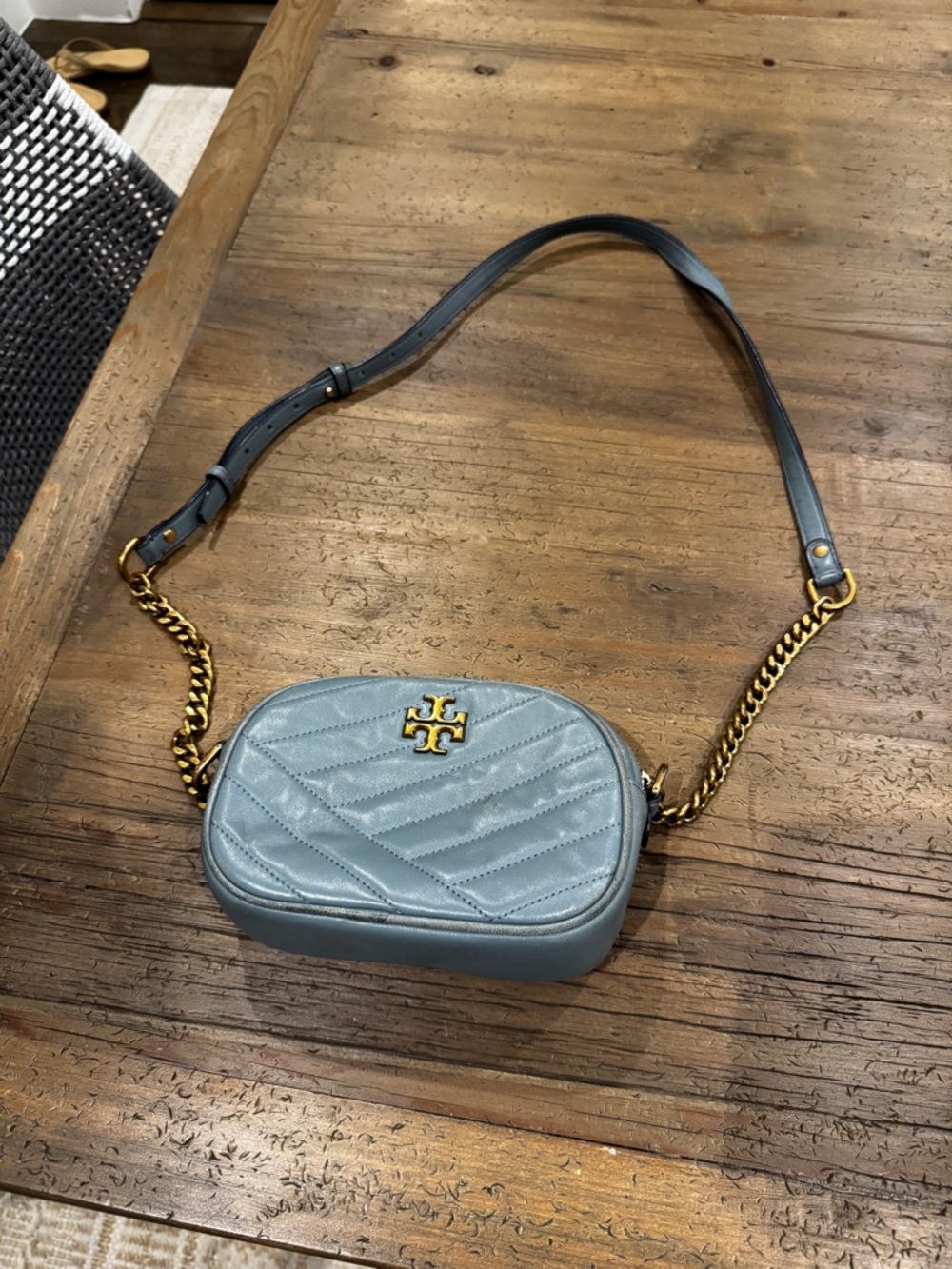 Tory Burch Blue Kira Chevron Quilted Leather Camera Bag with Gold Chain